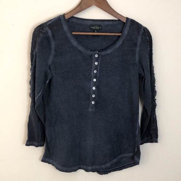 Ralph Lauren Jeans Co. Dark Blue 100% Cotton Tee semi sheer lace crop sleeve Med - Picture 1 of 9